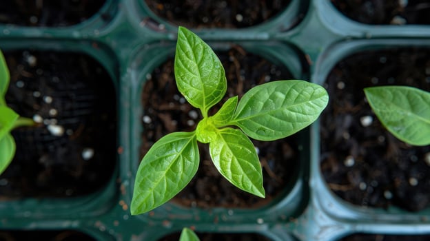 Close-up of a vibrant green pepper plant sprouting in a seed tray with rich soil background photo