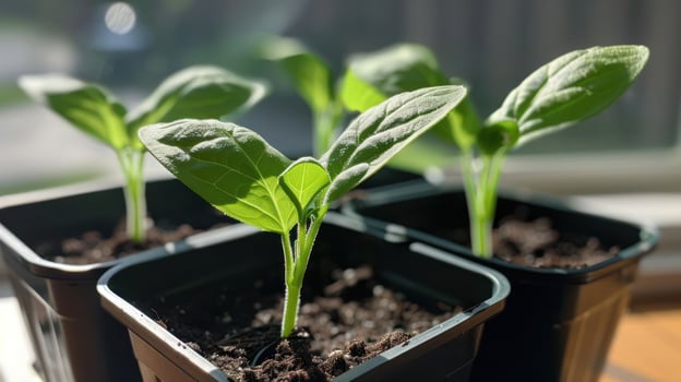 Young green seedlings growing in pots on a sunny windowsill, with soft light illuminating leaves photo