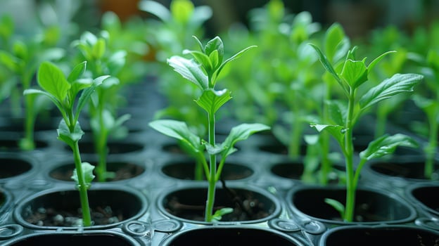 Young green seedlings growing in black plastic trays with a blurred garden background photo