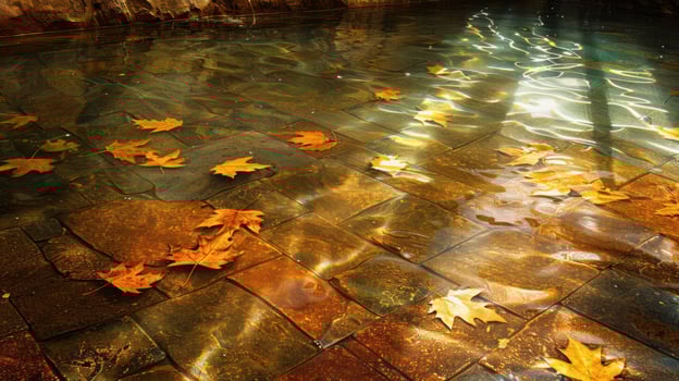 Autumn leaves floating on a tranquil pond with sunlit reflections and textured stone floor photo