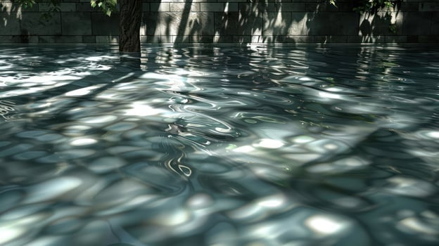 Serene water surface reflecting sunlight with tree shadows in a tranquil outdoor setting photo