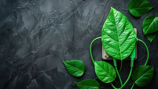 Green leaves surrounding a phone charger on a textured dark background, symbolizing eco-friendly technology photo