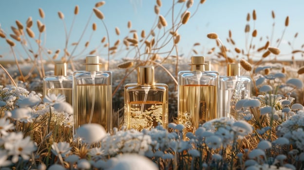Elegant perfume bottles surrounded by delicate flowers in a serene natural setting at sunset photo