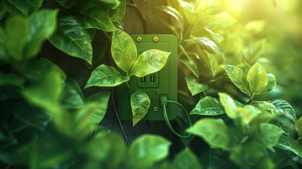 Green power outlet surrounded by lush foliage, symbolizing eco-friendly energy solutions photo