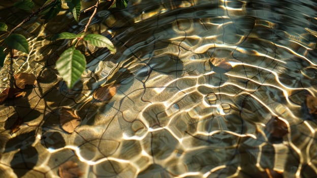 Calm water surface reflecting sunlight with leaves floating, creating a serene natural scene photo