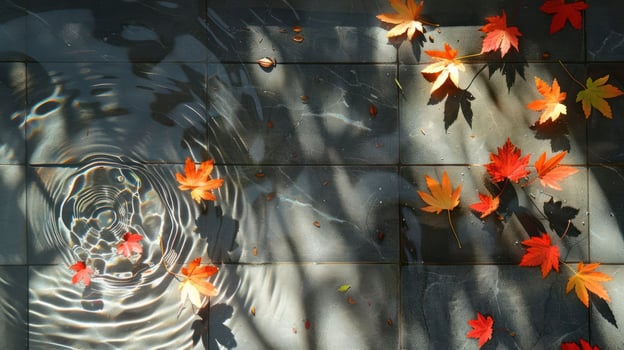 Colorful autumn leaves floating on water, creating ripples and shadows in a serene setting photo