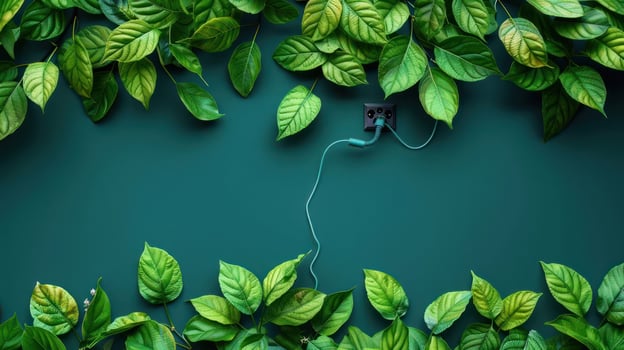 Lush Green Leaves Surrounding an Electrical Outlet on a Dark Background with Nature's Touch photo