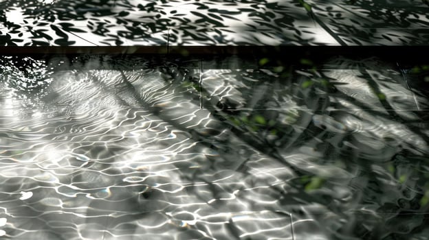 Sunlight casting intricate shadows on rippling water, surrounded by lush greenery in a tranquil setting photo