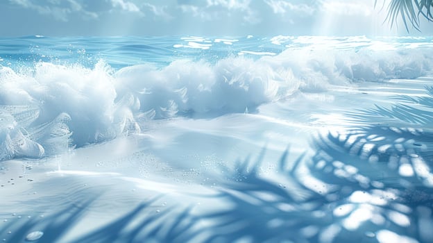 Serene beach scene with gentle waves lapping at the shore under a bright sky and palm shadows photo