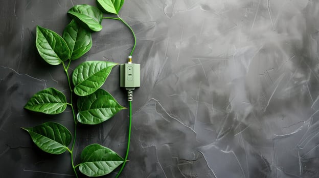 Green leaves intertwined with a power plug on a textured gray background, symbolizing eco-friendly energy photo
