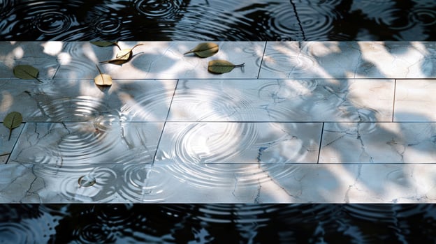 Rainwater pooling on tiled surface with leaves, reflecting shadows in tranquil outdoor setting photo