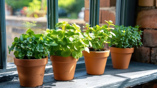 Four vibrant potted herbs on a sunlit windowsill, surrounded by a lush garden view outside photo