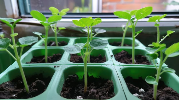 Young seedlings growing in green pots on a windowsill, with natural light illuminating the scene photo