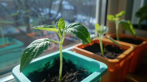Young green plants growing in colorful pots by a sunlit window with a snowy outdoor view photo