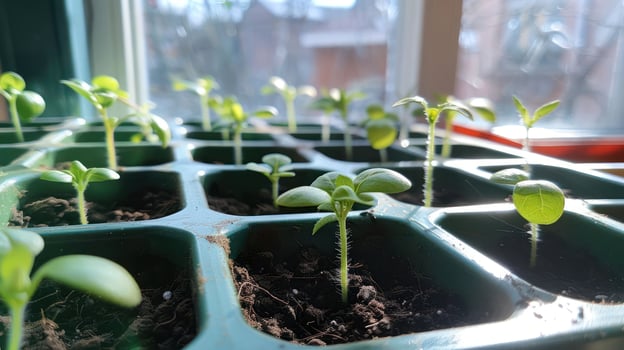Young seedlings growing in a sunny windowsill, showcasing vibrant green leaves and soil photo