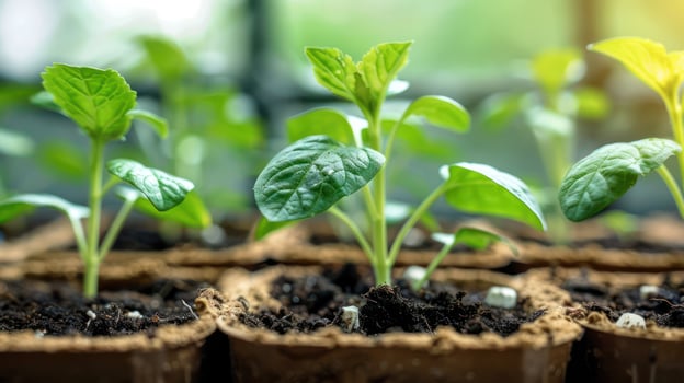 Fresh green seedlings growing in biodegradable pots, sunlight streaming through greenhouse photo