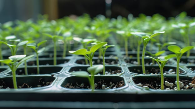 Close-up view of young seedlings growing in trays under bright light, showcasing healthy plant growth photo