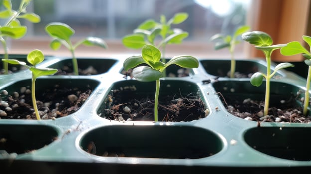 Young seedlings growing in a tray, sunlight streaming through a window, showcasing indoor gardening photo