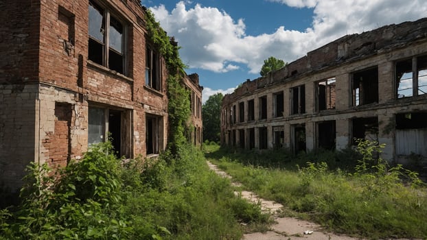 Overgrown ruins of abandoned buildings surrounded by lush greenery under a blue sky with clouds photo