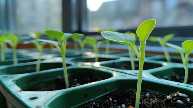 Young seedlings growing in green trays on a windowsill, sunlight illuminating the scene photo