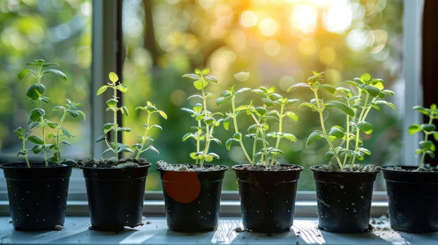 Sunlit windowsill with thriving green plants in pots, basking in warm light of a serene garden photo