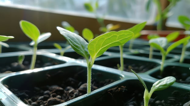 Young seedlings sprouting in a greenhouse, sunlight filtering through windows, showcasing growth photo