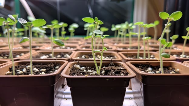 Growing seedlings in small pots under a bright light, showcasing healthy plant development indoors photo