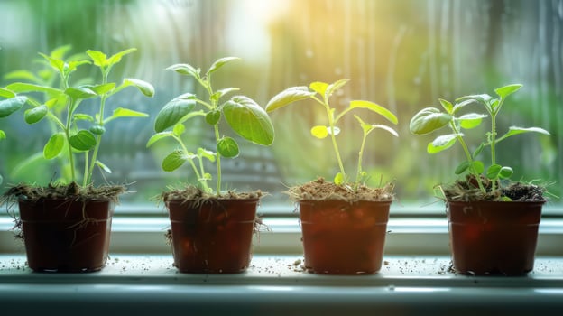 Growing seedlings in pots on a windowsill with sunlight streaming through, nurturing nature photo