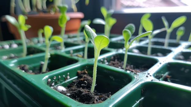 Fresh green seedlings growing in a bright indoor garden with natural light filtering through photo
