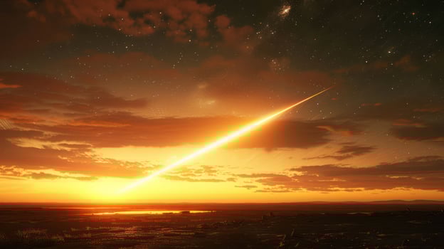 Stunning meteor streaks across a vibrant sunset sky over a tranquil lake reflecting colors photo