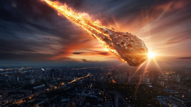 Dramatic meteor shower over a bustling cityscape at sunset, creating a breathtaking spectacle photo
