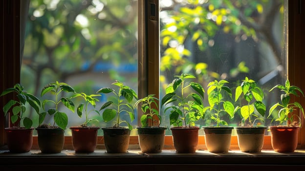 Sunlight filtering through a window illuminates potted plants on a windowsill, showcasing growth photo