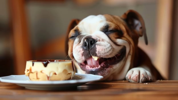 Happy dog enjoying a delicious dessert on a wooden table with a cozy background atmosphere photo