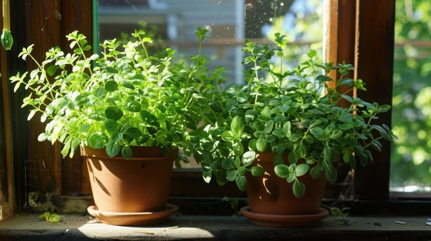 Lush green potted herbs on a sunlit windowsill, showcasing vibrant leaves and natural light photo