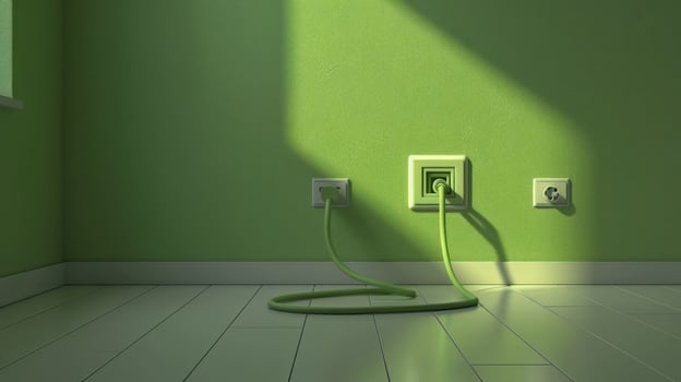 A modern green room with power outlets and vibrant lighting casting shadows on the floor photo