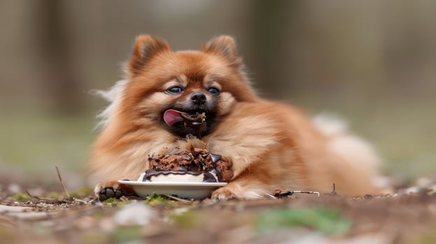 A fluffy Pomeranian dog enjoying a chocolate dessert in a serene forest setting photo