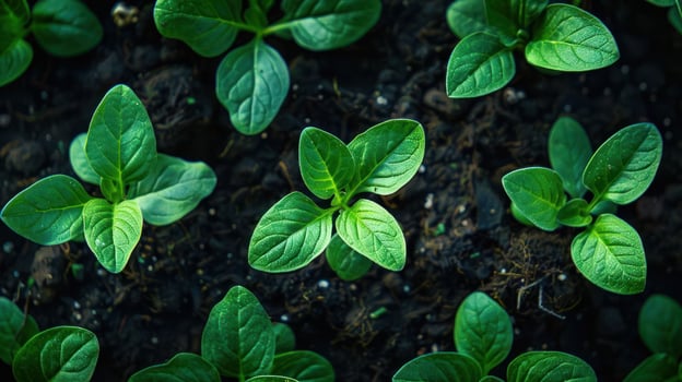 Close-up of vibrant green seedlings emerging from dark soil, showcasing growth in a garden setting photo