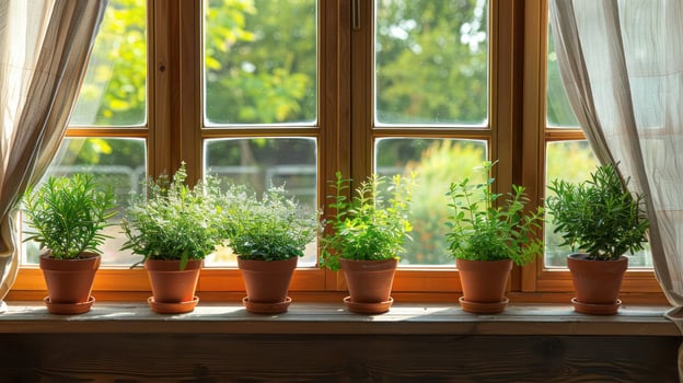 A serene window view showcasing vibrant potted herbs basking in natural sunlight photo