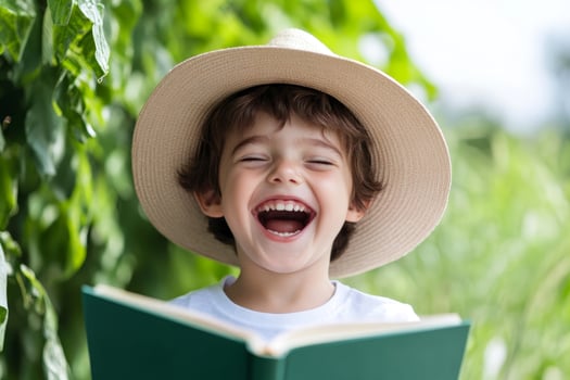 Young child enjoying a sunny day outdoors while reading a book and wearing a large straw hat photo