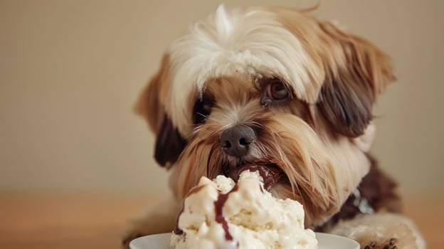 Adorable dog eagerly enjoying a bowl of ice cream on a wooden table in a cozy indoor setting photo