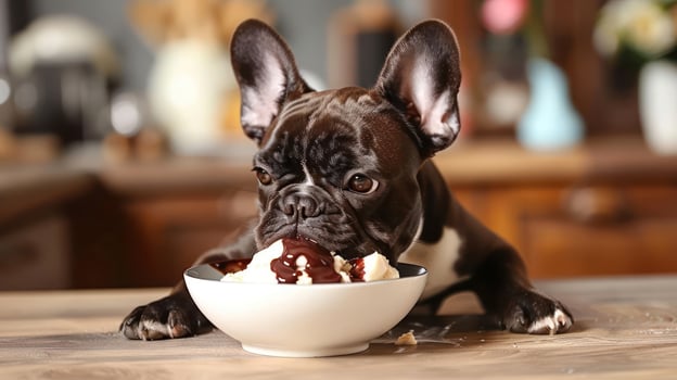 A playful French Bulldog enjoying a bowl of ice cream in a cozy kitchen setting photo
