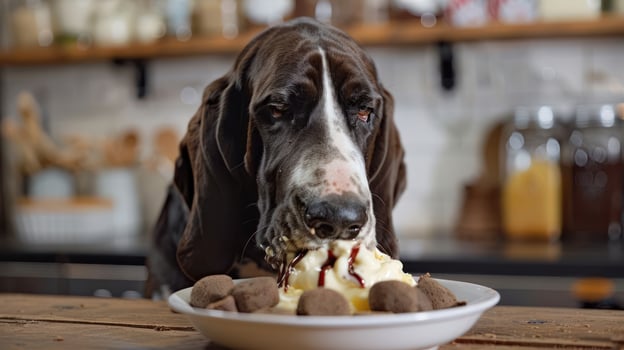 A playful dog enjoying a delicious dessert in a cozy kitchen setting with homey decor photo