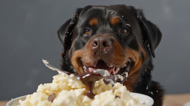 Playful Rottweiler Enjoying a Large Bowl of Ice Cream with Chocolate Sauce in Studio Setting photo