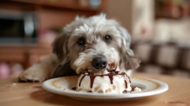 Playful dog enjoying a delicious dessert on a wooden table in a cozy home setting photo
