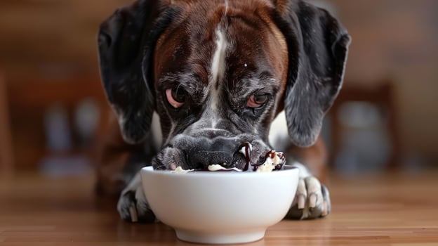 A playful dog eagerly devours a bowl of ice cream on a wooden table, with a cozy background photo
