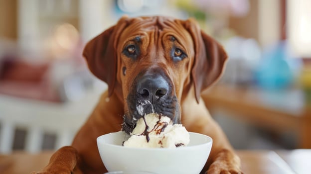 A playful dog enjoys a bowl of ice cream in a cozy indoor setting with soft lighting photo