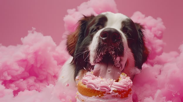 Playful dog enjoying a colorful cake surrounded by fluffy pink cotton candy in a whimsical setting photo