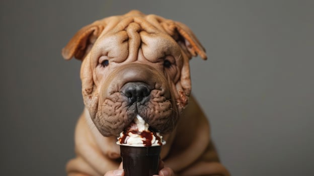 A playful Shar Pei dog enjoying a delicious ice cream cone against a neutral backdrop photo