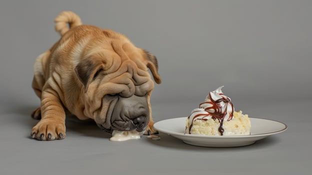 A playful Shar Pei dog eagerly enjoying a delicious dessert on a neutral gray background photo