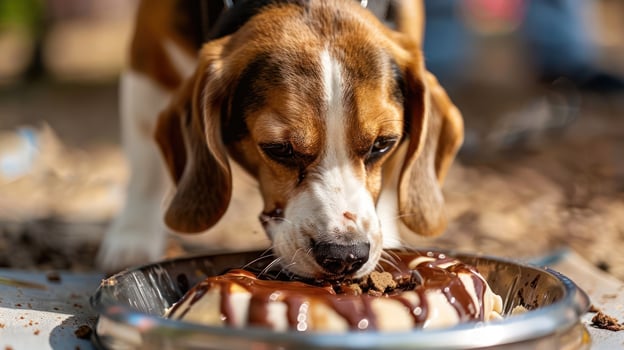 A beagle dog enjoying a delicious dessert at an outdoor gathering with friends photo